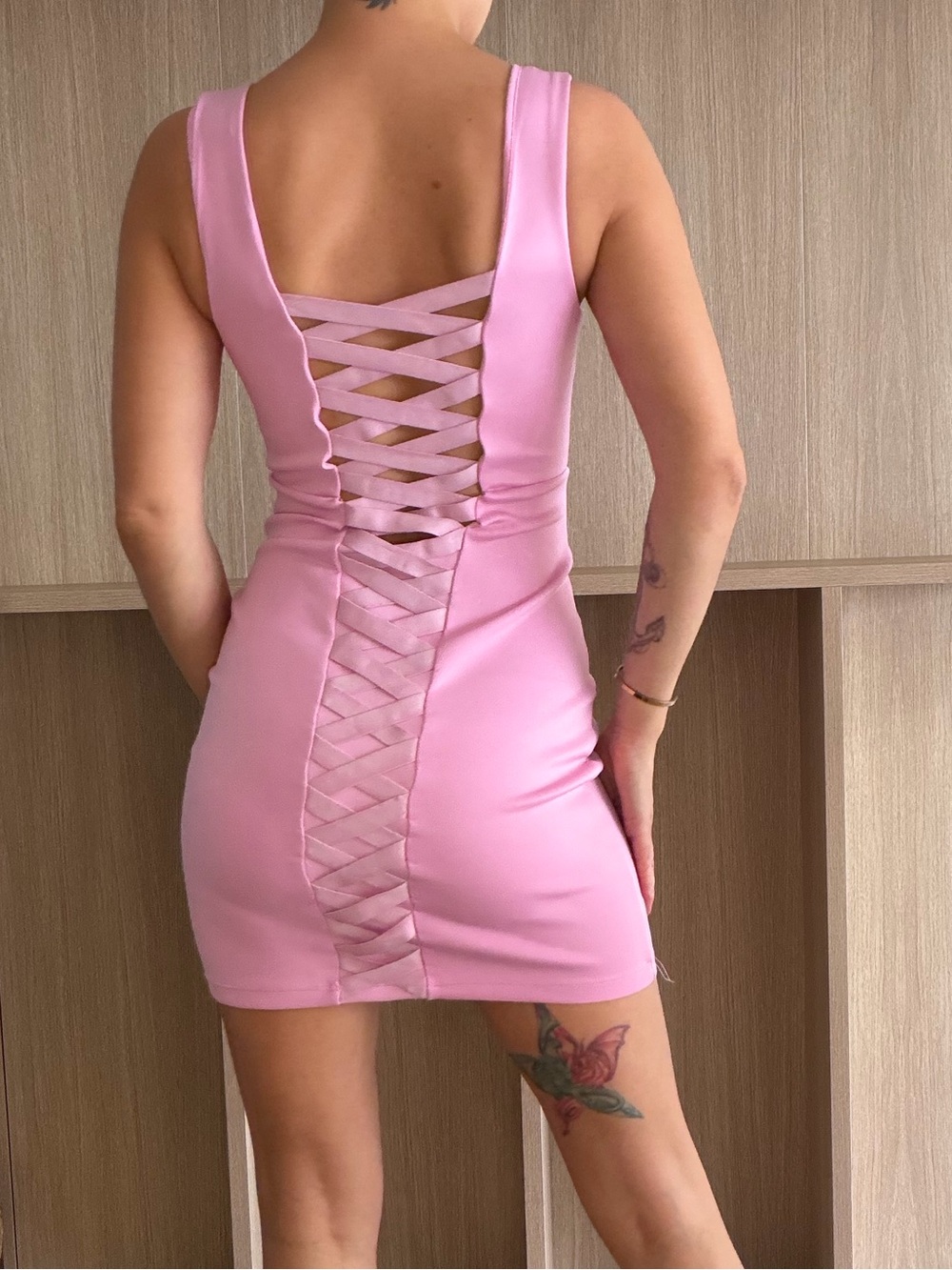 Pink Lace-Back Bodycon Mini Dress